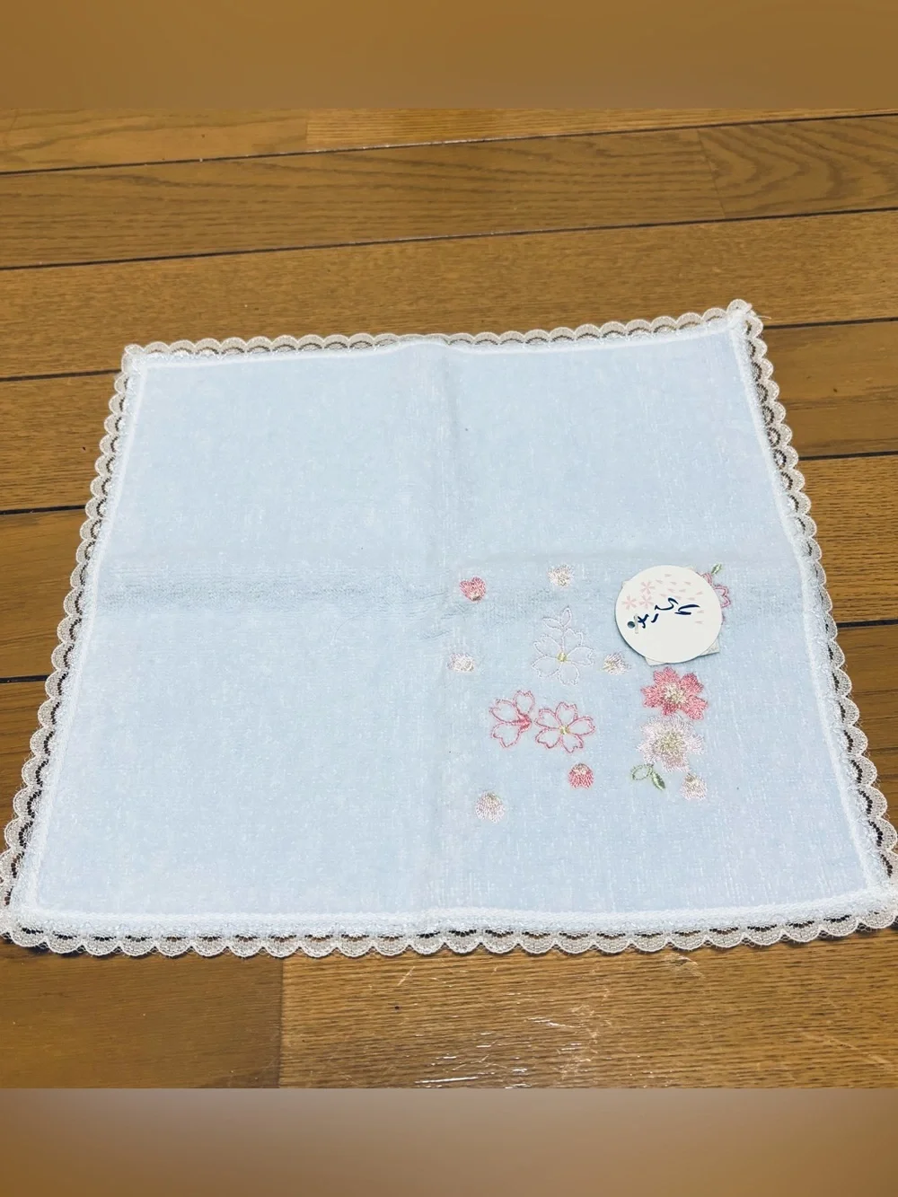 Light Blue w/ Pink Flowers Embroidered Lace border Pocket Hand Towel 27cm/11”